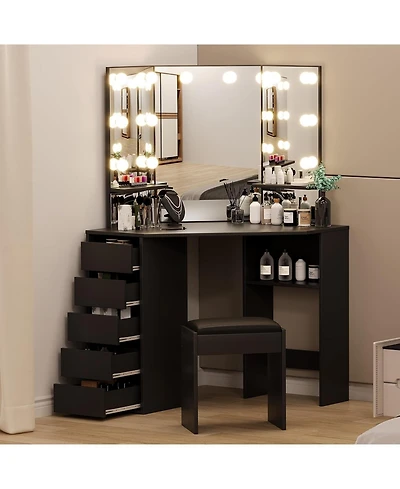 gaomon Corner Vanity and Stool - Corner Vanity Desk with Mirror and Lights