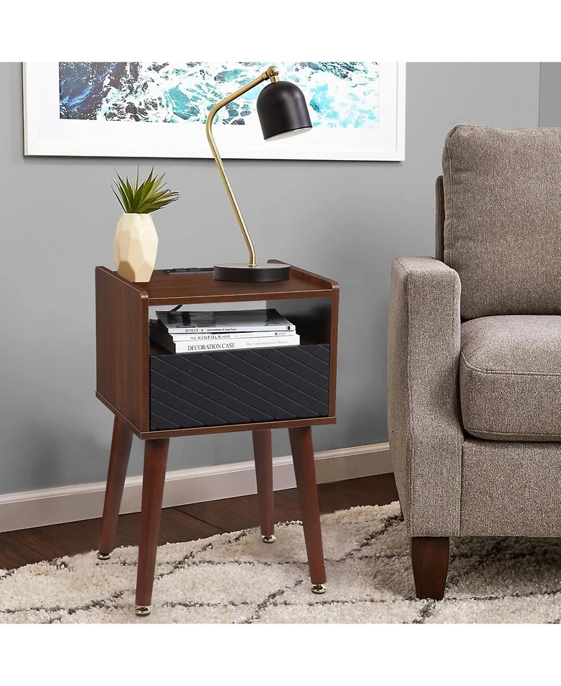 gaomon Mid Century Modern Wood Nightstand Side Table with Charging Station and Drawer