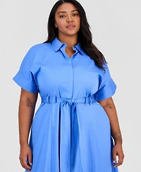 Anne Klein Plus Short-Sleeve Stretch Sateen Shirtdress