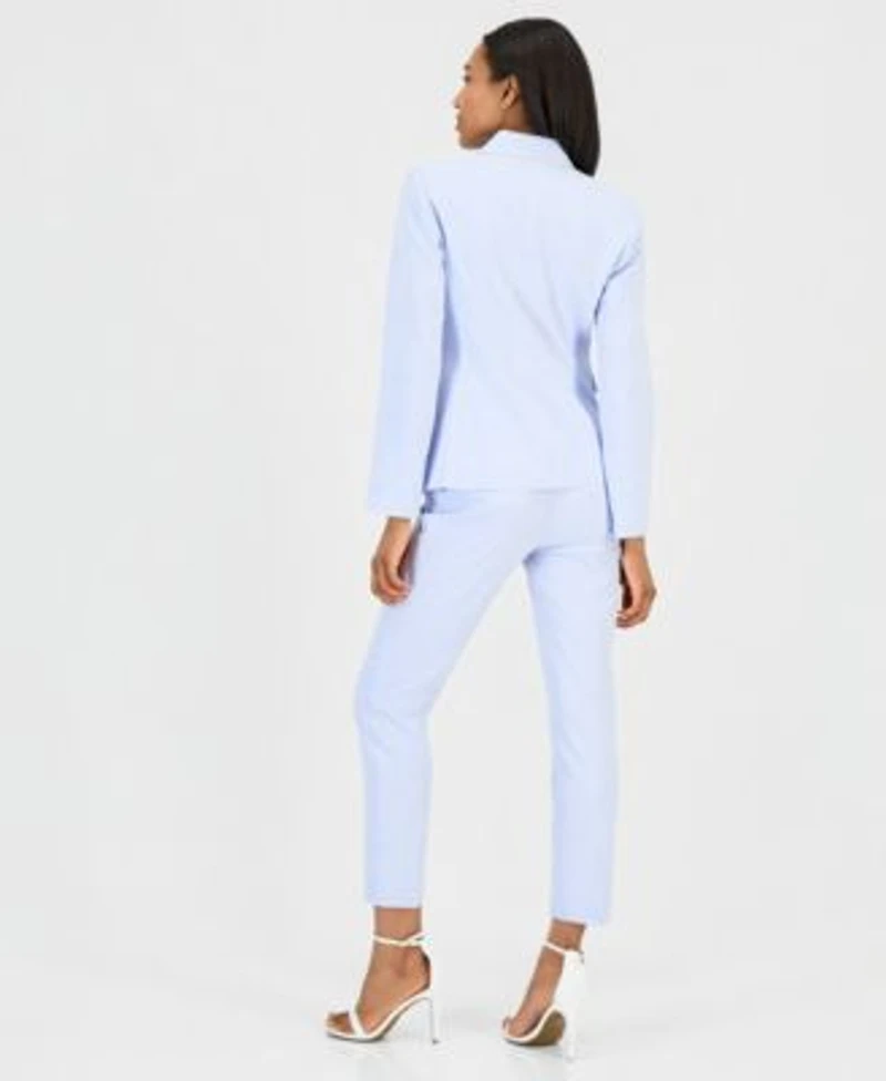 Tahari Asl Womens Seersucker Stripe Cotton One Button Blazer V Neck Sleeveless Ribbed Knit Top Seersucker Stripe Cotton Slim Leg Pants