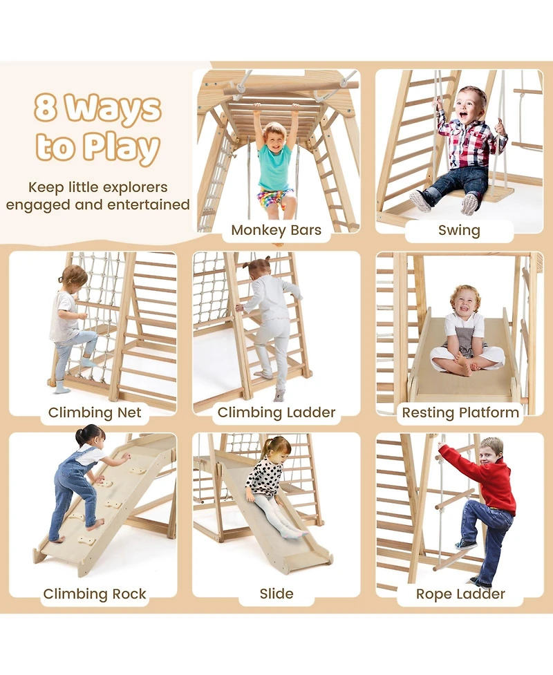 Mecale 8-in-1 Montessori Wooden Jungle Gym Climber with Slide, Monkey Bar & Play Features for Active Kids