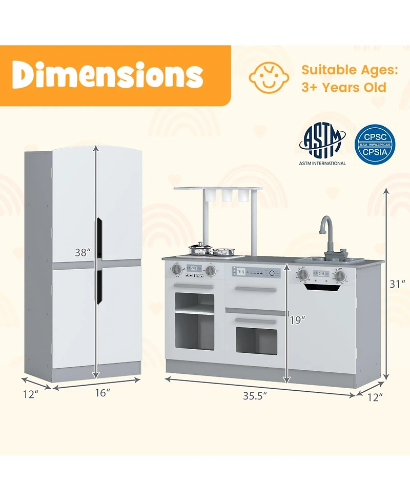 Mecale Wooden 2-Piece Kids Kitchen Playset with Fridge & Running Water for Imaginative Play