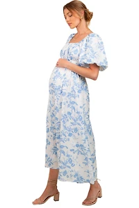 Pinkblush Maternity Teal Floral Puff Sleeve Midi Dress