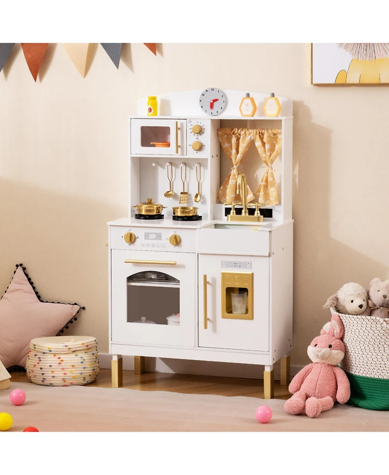 Mecale Play Kitchen for Kids, Wooden Chef Pretend Playset with 3 Adjustable Heights & Microwave