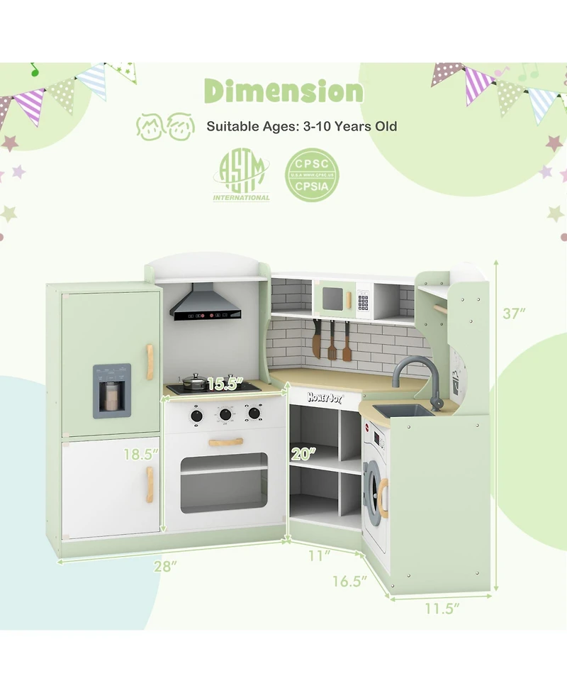 Mecale Corner Kids Play Kitchen with Washing Machine & Ice Maker, Pretend Play Gift for Boys & Girls