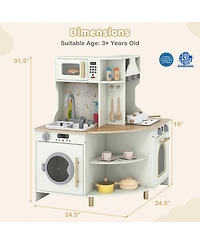 Mecale Kids Play Kitchen, Wooden Corner Kitchen Playset with Working Faucet & Sink