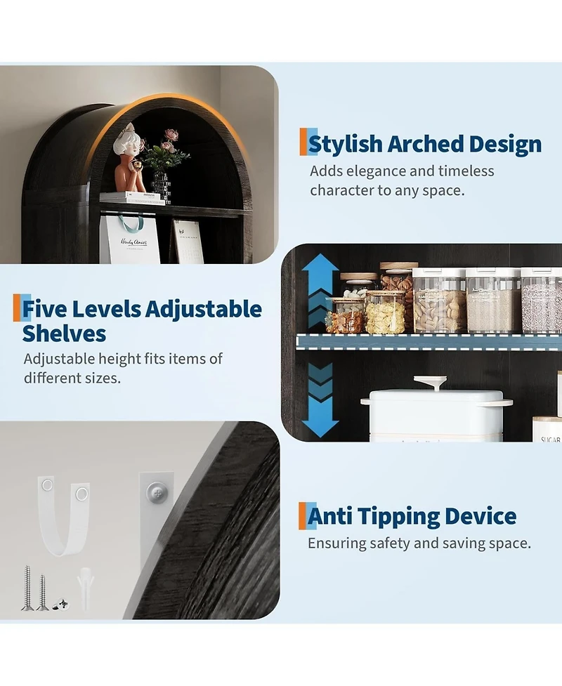 gaomon Tall Arched Display Cabinet 7-Tier Adjustable Shelf Bookcase Kitchen Pantry Entryway Shoe Cabinet Farmhouse Storage Organizer