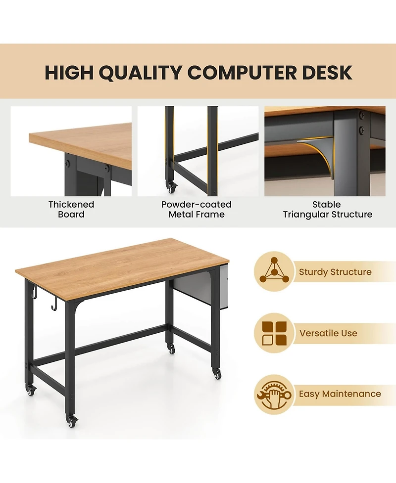 2 Pcs Rolling Computer Desk Metal Frame Pc Laptop Table Wood Top Study Workstation