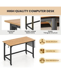 2 Pcs Rolling Computer Desk Metal Frame Pc Laptop Table Wood Top Study Workstation