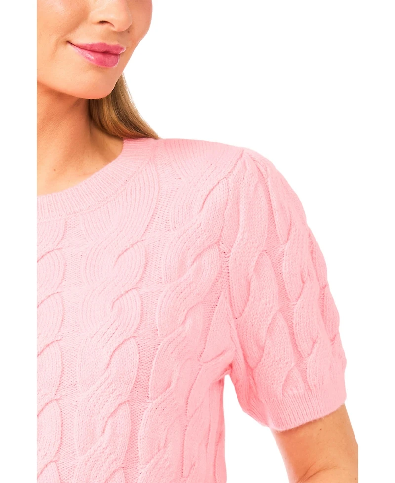 CeCe Women's Cable Puff-Sleeve Crew Neck Sweater