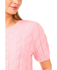 CeCe Women's Cable Puff-Sleeve Crew Neck Sweater