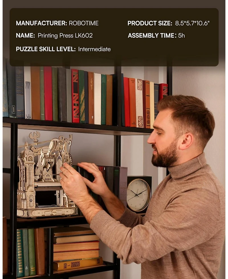 Robotime Printing Press Wooden Puzzle, 3D Puzzles for Adults and Teens, Mechanical Wooden Model to Build, Toy House Warming Birthday