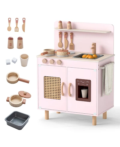 Mecale Wooden Pretend Kitchen Playset with Realistic Ice Maker, Fun Interactive Toy