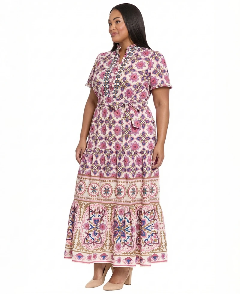 London Times Plus Size Placement Print Short-Sleeve Dress