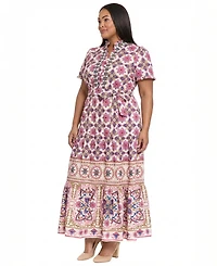 London Times Plus Size Placement Print Short-Sleeve Dress