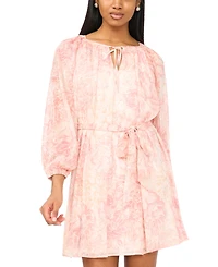 Msk Petite Printed Long-Sleeve Round Neck Dress