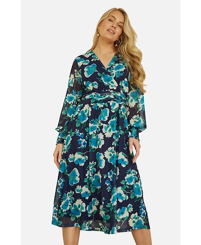 Yumi Women's Floral V-Neck Long Sleeves Wrap Dress