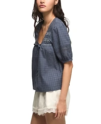 Lucky Brand Women's Smocked Yoke Button-Down Top