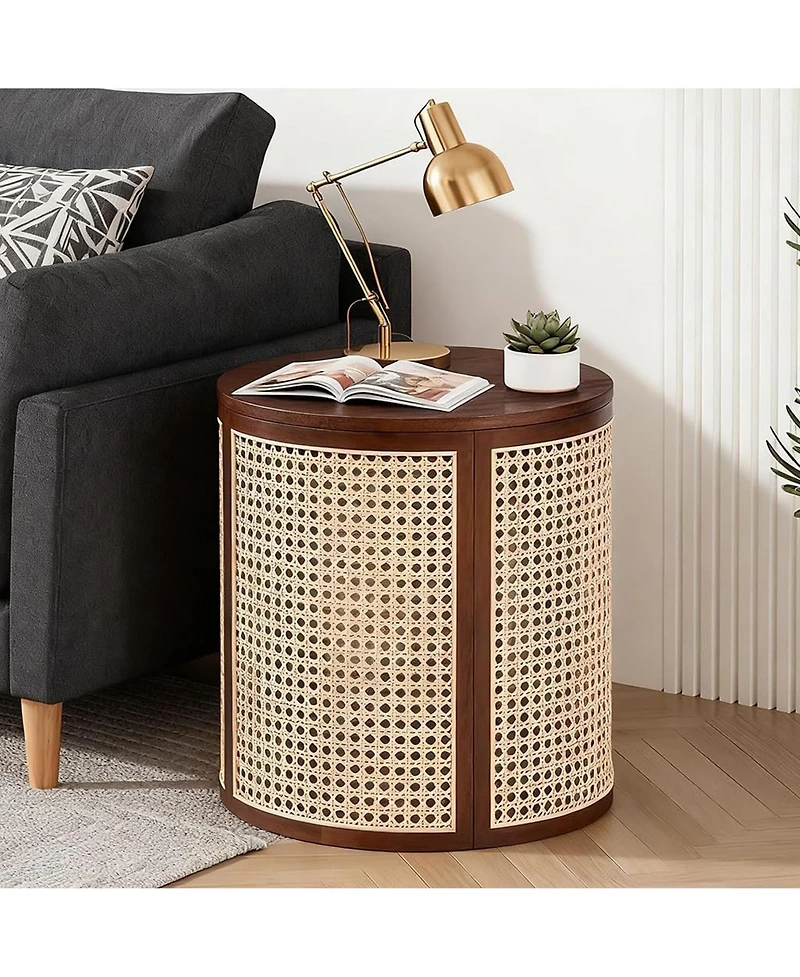 Rainsken Round Solid Wood Nightstand, Hollow Woven Bedside Table, Compact Accent End Table for Living Room, Bedroom