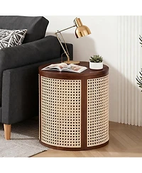 Rainsken Round Solid Wood Nightstand, Hollow Woven Bedside Table, Compact Accent End Table for Living Room, Bedroom