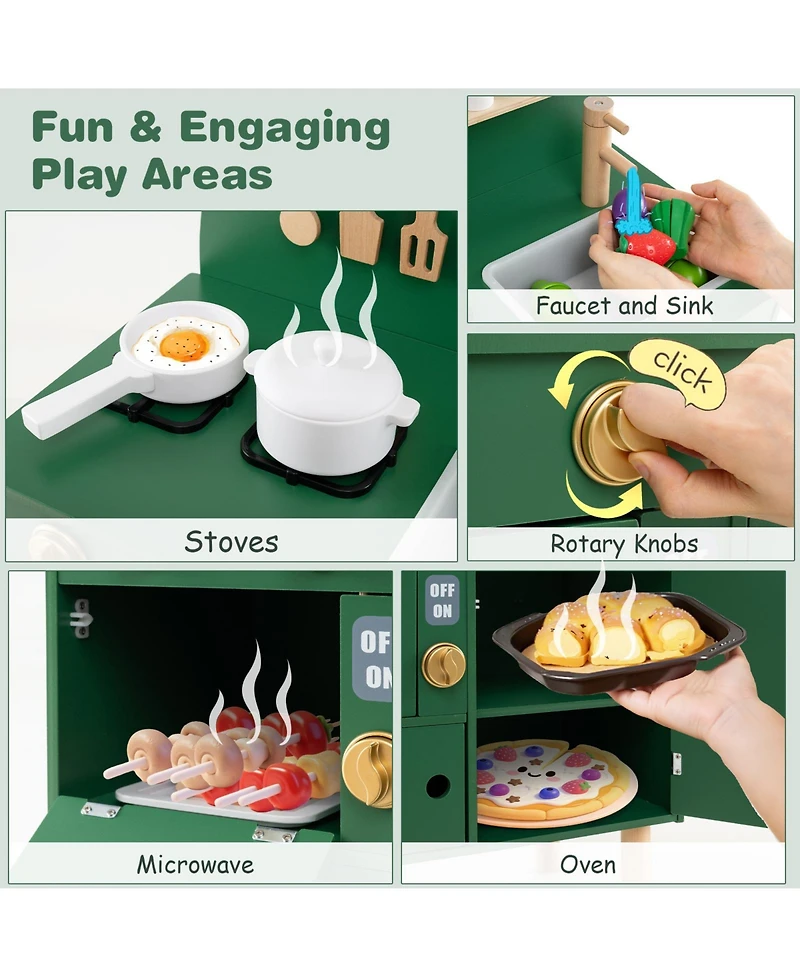 Mecale Play Kitchen for Kids, Wooden Playset with Stove, Faucet, Sink, Microwave & Oven