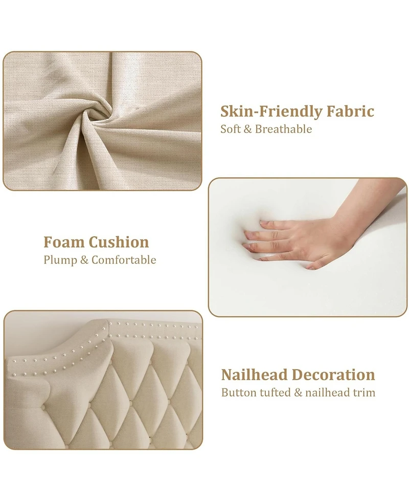 gaomon Upholstered Canopy Bed Frame Queen with headboard, Button Tufted, Nailhead Trim Design, No Box Spring Required