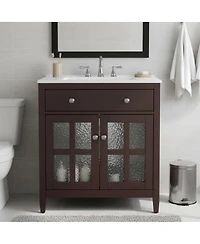Sillysis Bathroom Vanity with Sink, Modern Solid Wood Cabinet with Textured Glass Doors, Flip-Out Tray & Adjustable Shelf