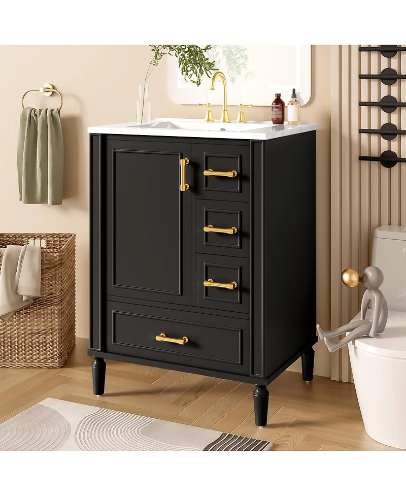 Sillysis 24" Black Bathroom Vanity with Ceramic Sink, Modern Freestanding Solid Wood Mdf Cabinet, 3 Drawers Soft Close Door for Small Spaces