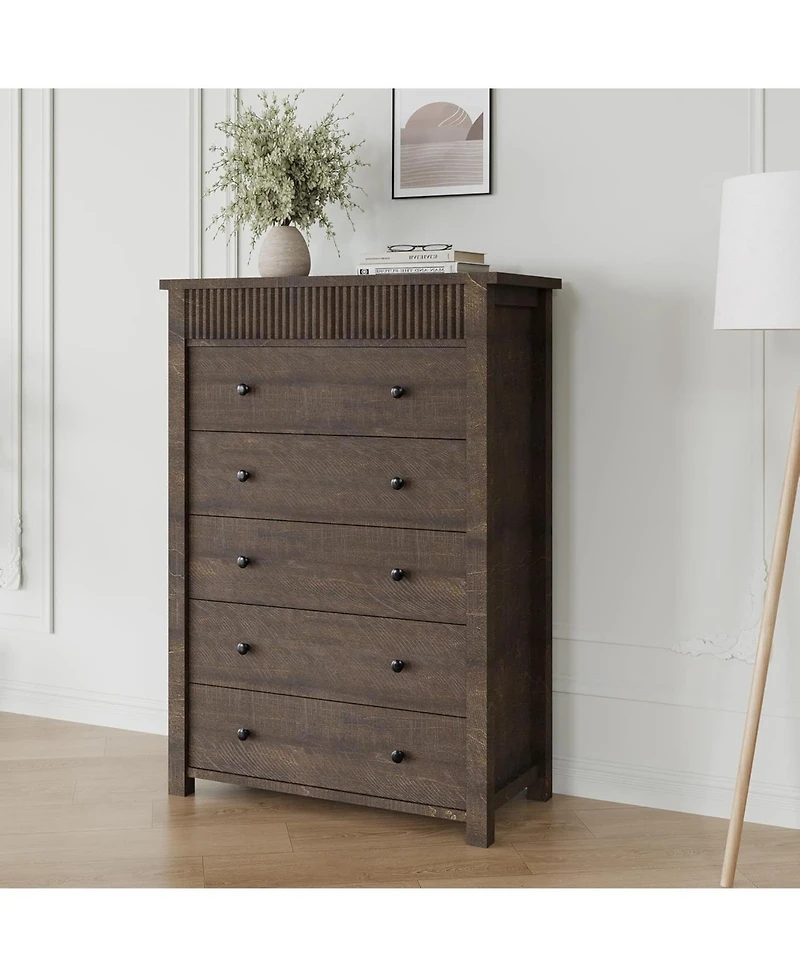 gaomon 5 Drawer Dresser for Bedroom, Wooden Chest of Drawers, Fluted Storage Organizer for Living Room, Hallway and Entryway