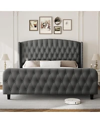 gaomon Bed Frame with Deep Button Tufted Wingback Headboard and Footboard, Velvet Upholstered Platform Bed Frame