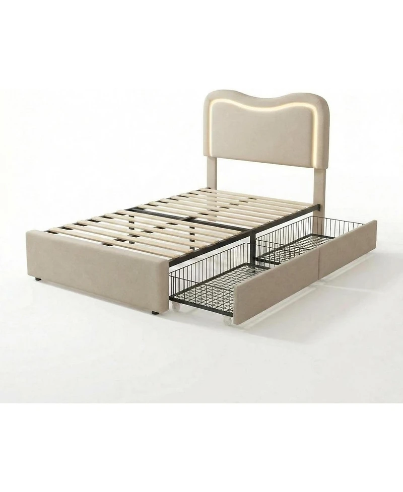gaomon Boucle Bed Frame with 2 Storage Drawers, Upholstered Platform Bed with Led Headboard, Solid Wood Slats Support