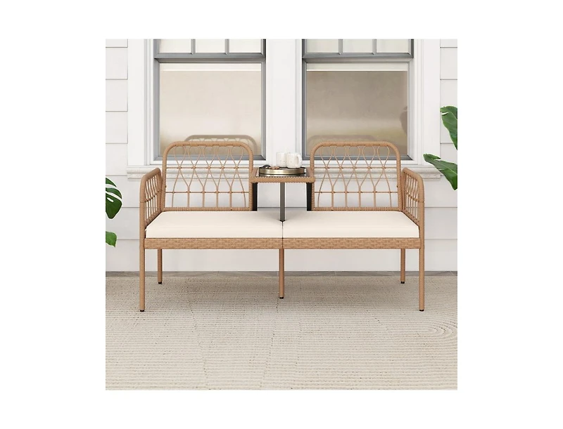 Slickblue Patio 2-Seater Rattan Loveseat with Coffee Table and Soft Cushions