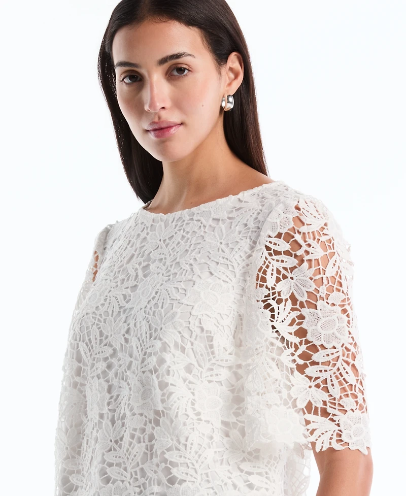 Rafaella Petite Scalloped Elbow-Sleeve Lace Top