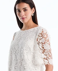 Rafaella Petite Scalloped Elbow-Sleeve Lace Top