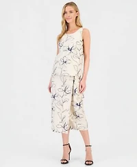 Anne Klein Womens Embroidered Sleeveless Top Embroidered Faux Wrap Midi Skirt