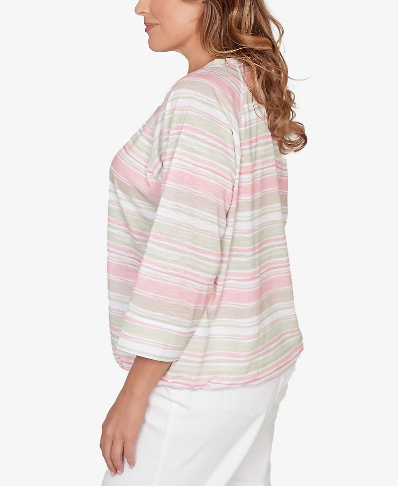 Hearts Of Palm Plus Printed Slub Blouson with Lace Up Neck