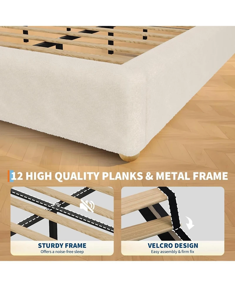 Gaomon Queen Size Cloud Bed Frame，Teddy Fleece Low Bed Frame Without Headboard, Thick Boucle Fabric Upholstered Platform Bed, Solid Wood Legs