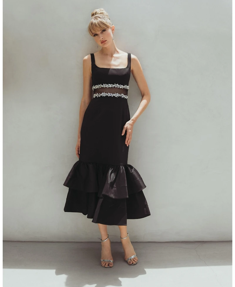 Mac Duggal Women's Crepe Midi Dress with Jewel Detail & Ruffle Hem