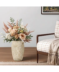 LuxenHome Vintage Pottery Off-White with Brown 15.75-Inch Tall Round Ceramic Vase