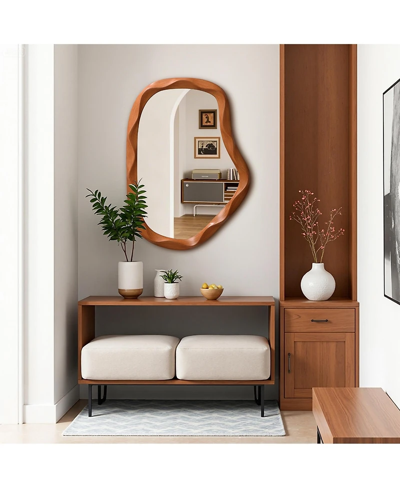 LuxenHome Natural Wood Finish Asymmetrical Mdf Frame Wall Mirror, 31.5” H x 22.6” W
