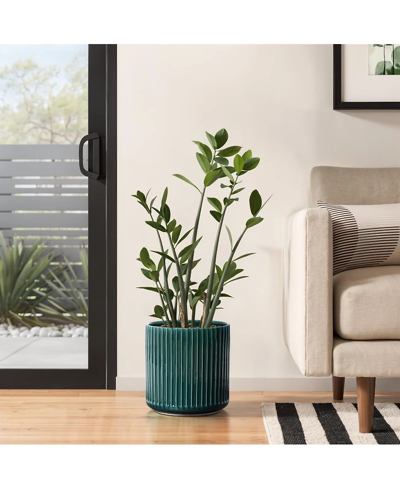 LuxenHome Jade Green Ribbed 11.4-Inch Round Ceramic Planter