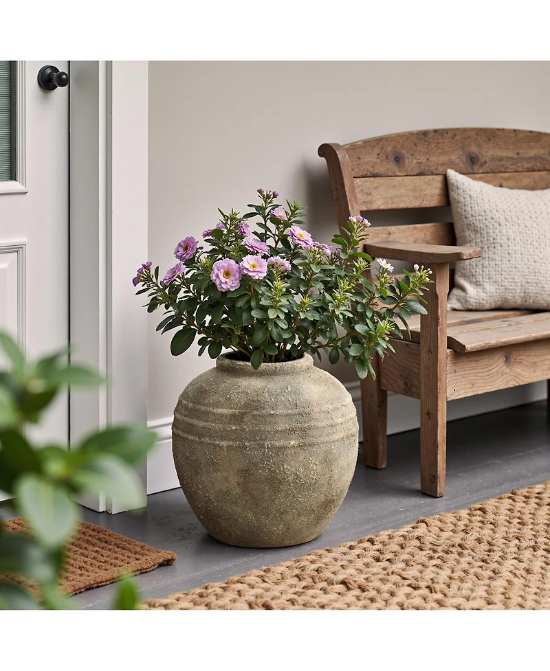 LuxenHome Weathered Terracotta Finish with Textured Ridges 13.8" Round Vase, Farmhouse Decor