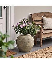 LuxenHome Weathered Terracotta Finish with Textured Ridges 13.8" Round Vase, Farmhouse Decor