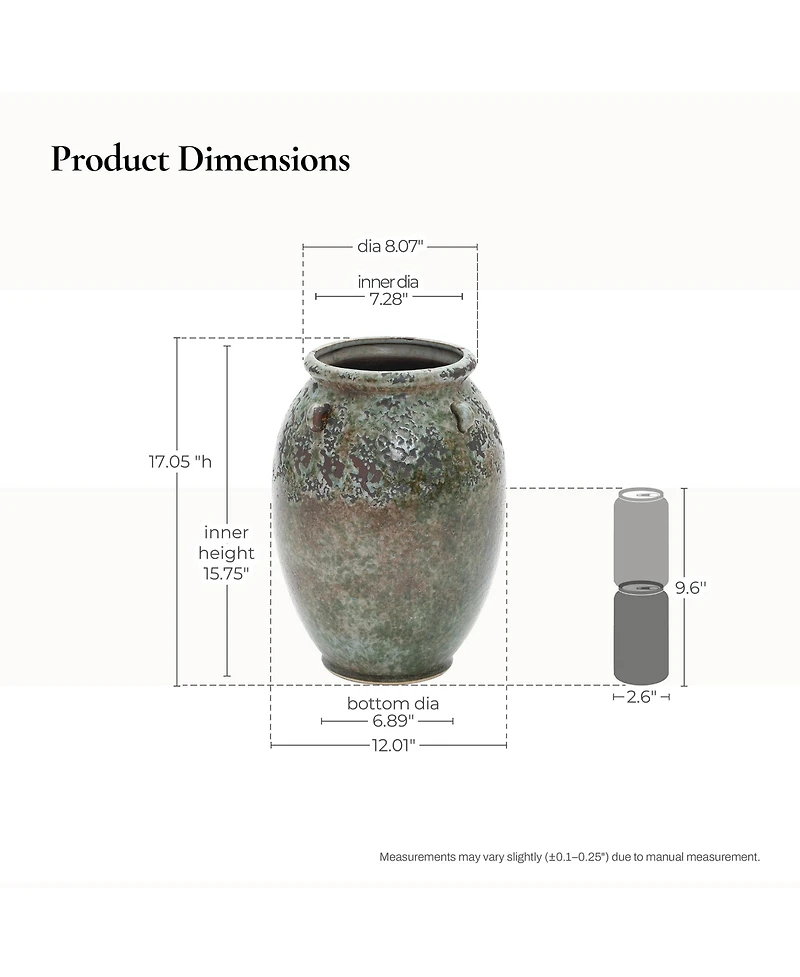 LuxenHome Antiqued Terracotta Jar Vase, Rustic 17-Inch Green & Brown Flower Holder