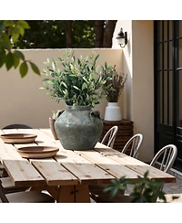 LuxenHome Antiqued Blue & Brown Terracotta Vase with Handles, 9" Round Farmhouse Vintage Pottery