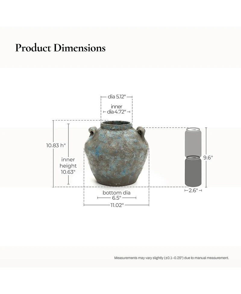 LuxenHome Antiqued Blue & Brown Terracotta Vase with Handles, 11" Round Farmhouse Vintage Pottery
