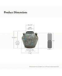 LuxenHome Antiqued Blue & Brown Terracotta Vase with Handles, 11" Round Farmhouse Vintage Pottery