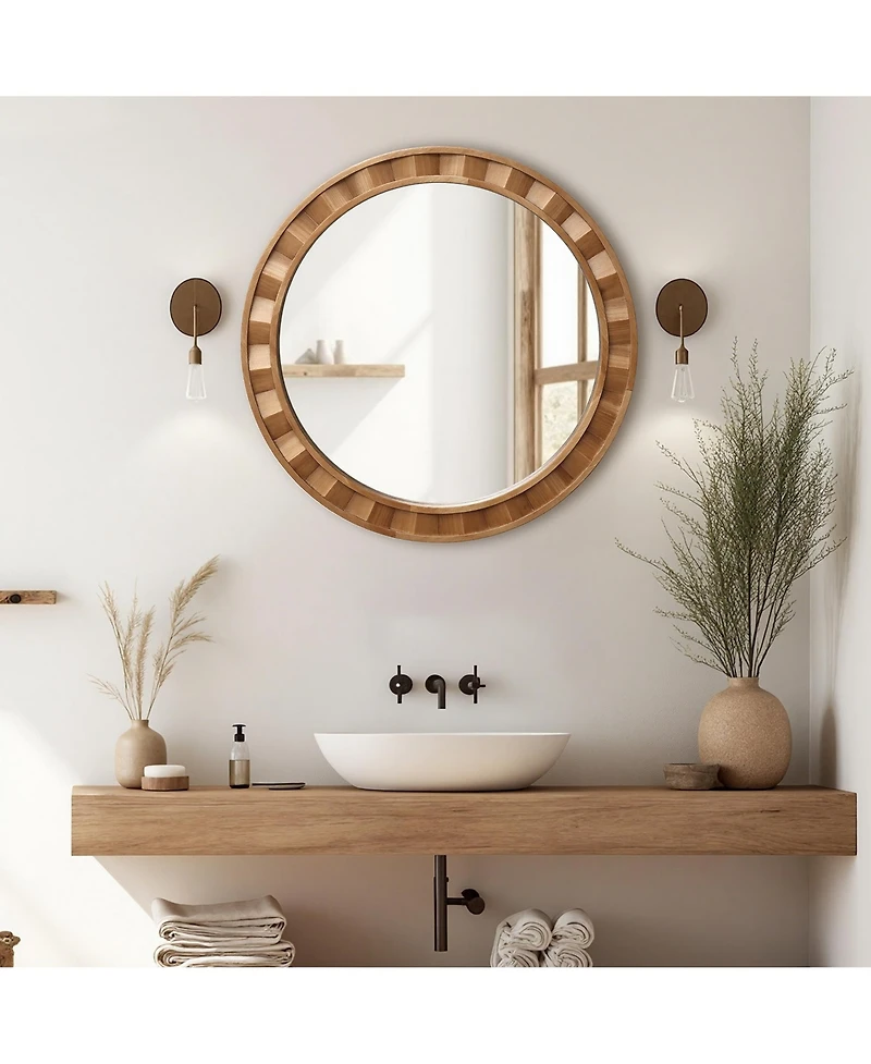 LuxenHome Natural Wood Frame Round Wall Mirror, 28” Rustic Wooden Decor