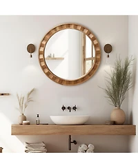 LuxenHome Natural Wood Frame Round Wall Mirror, 28” Rustic Wooden Decor