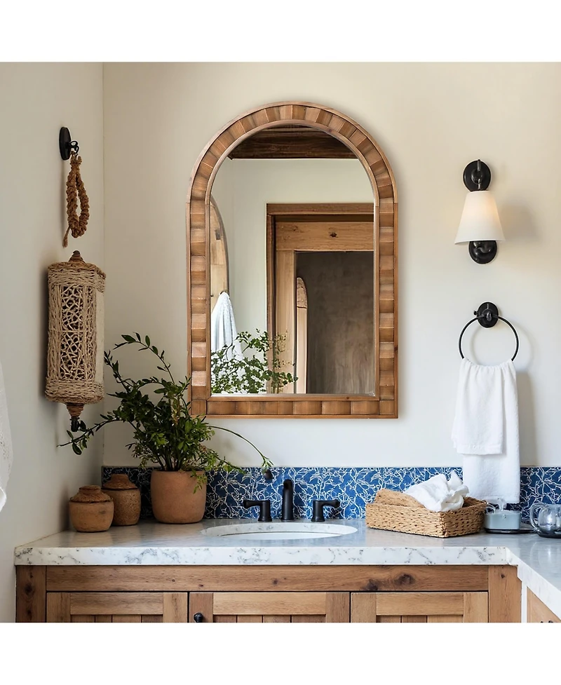 LuxenHome Natural Wood Frame Arch Rectangle Wall Mirror, 35.4” Tall Rustic Home Decor